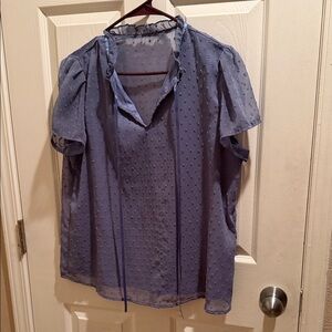 SHEIN Blue Dotted Blouse with Tie Neck